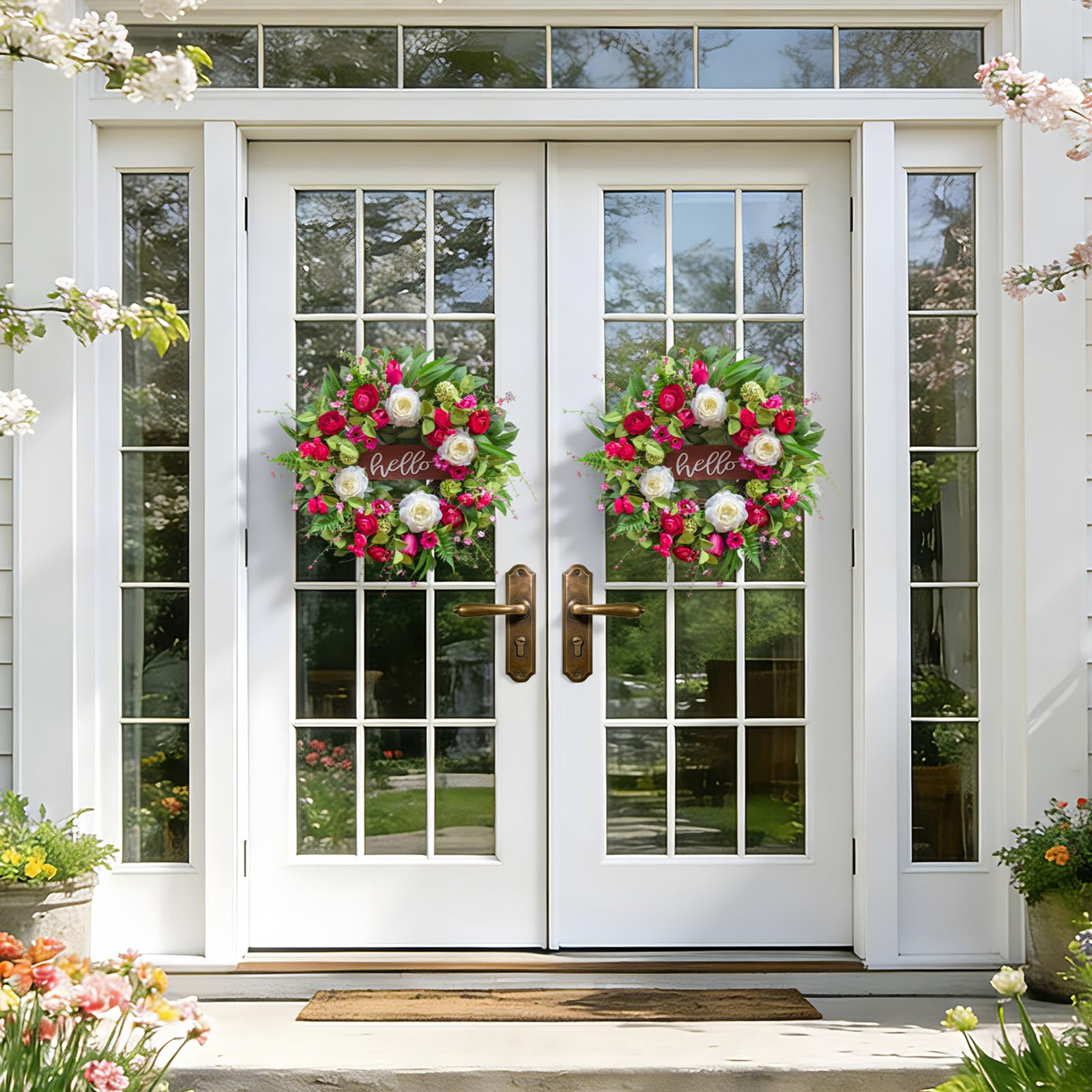Pinkpuii wreath on wall or window, elegant indoor display.