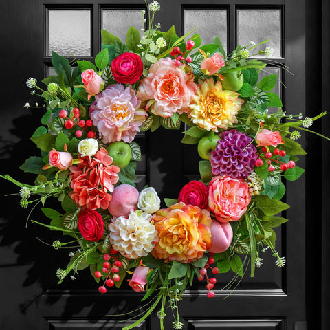 Pinkpuii Spring Wreath used as wedding or event decor with florals