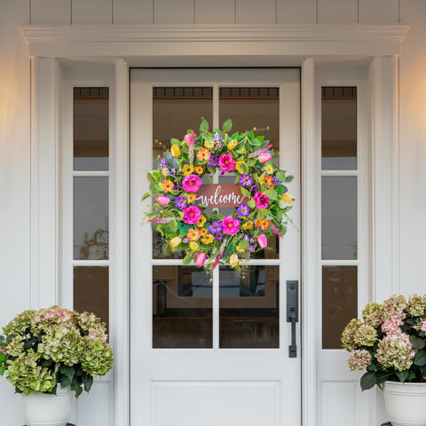Pinkpuii Summer Wreath outdoors brightening porches and entryways.