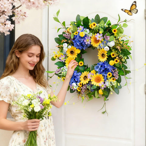 Pinkpuii sunflowers and blue hydrangea wreath enhances indoor and outdoor spaces