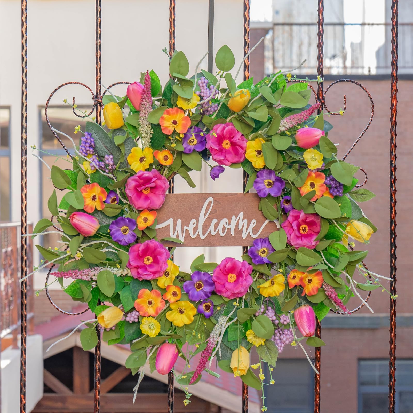 Pinkpuii Wreath on-door display shows easy setup with built-in loop.