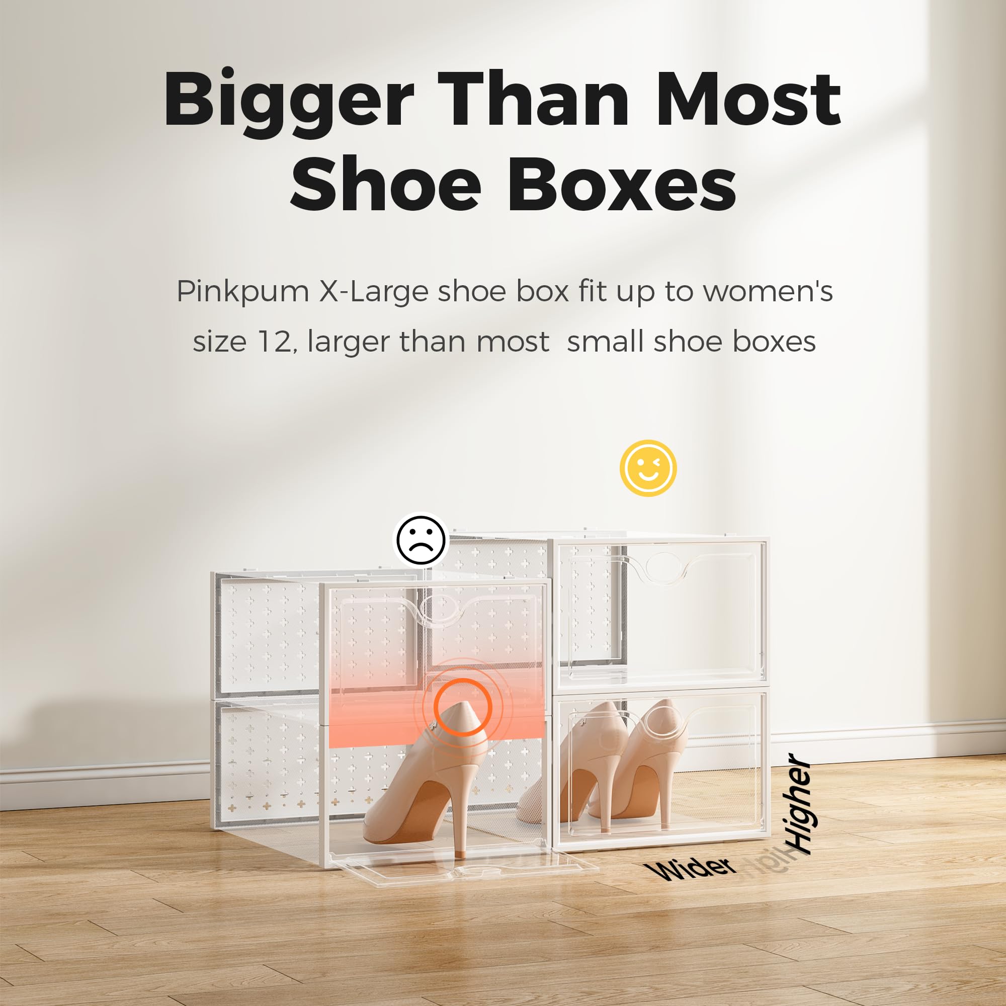Pinkpum clear-front door shoe box close-up for quick selection