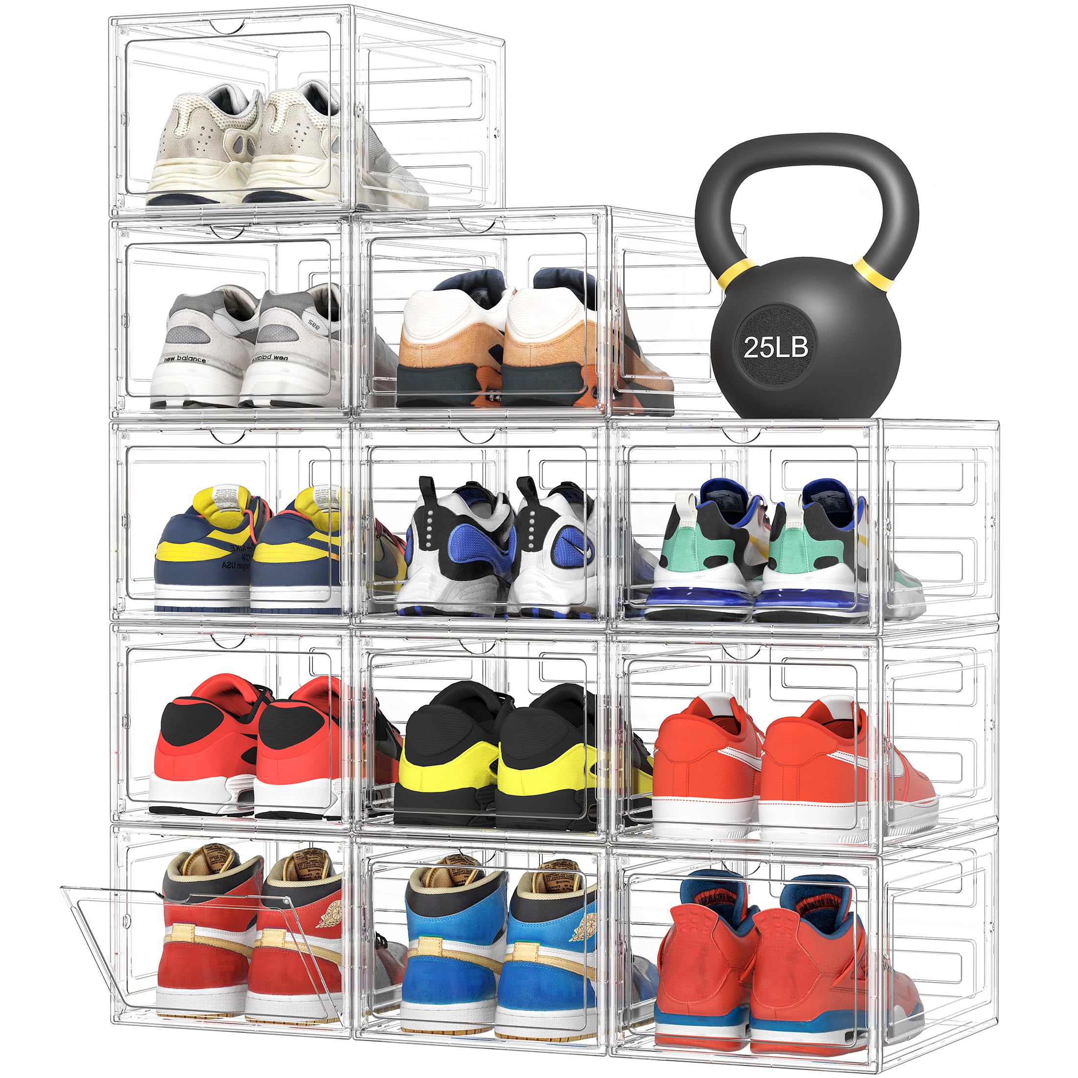 Pinkpum upgraded hard shoe box front view shows durable, stackable storage for easy sneaker organization.