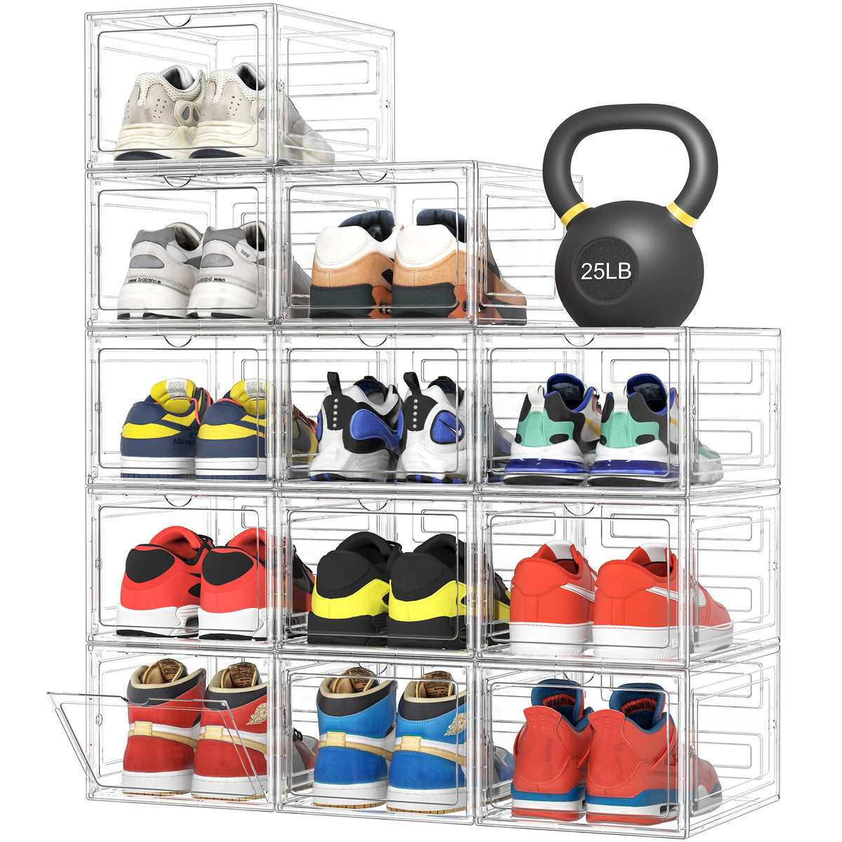 Pinkpum upgraded hard shoe box front view shows durable, stackable storage for easy sneaker organization.