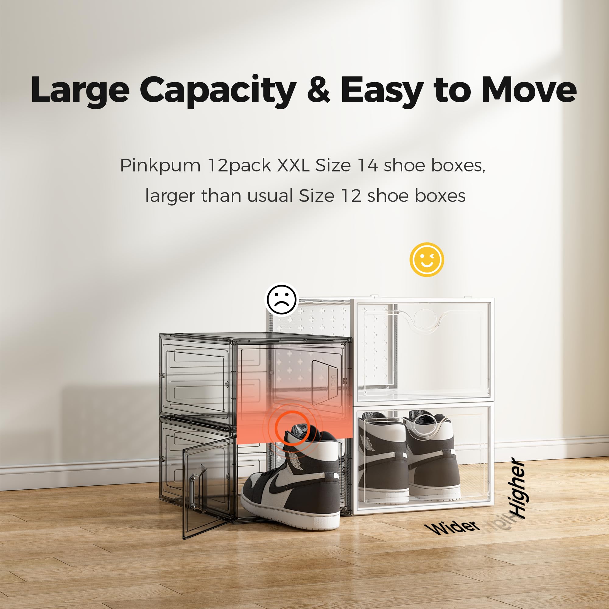 Pinkpum XXL clear front keeps shoes visible while protecting from dust.