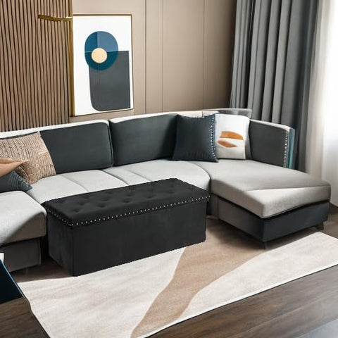 PINPLUS 43-inch long storage bench keeps shoes organized by the door.