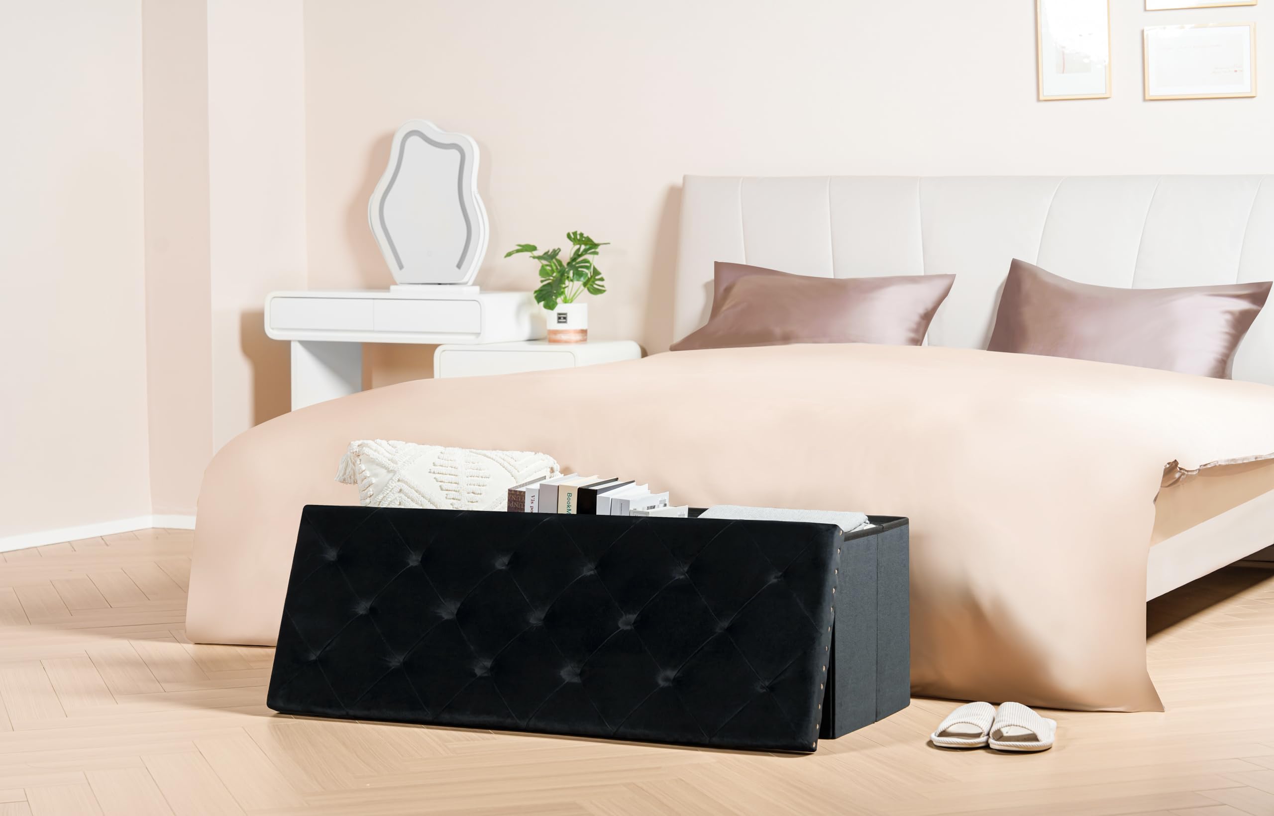 PINPLUS black storage bench acts as a shoe stool and console table.