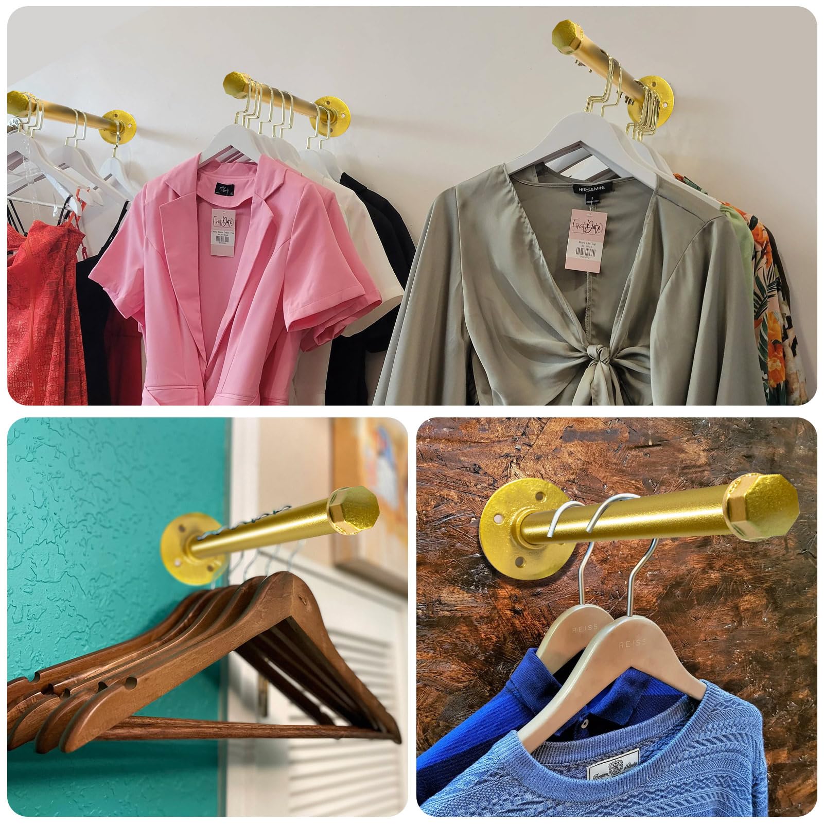 Pintuson boutique-store apparel display with golden pipe adds vintage vibe.