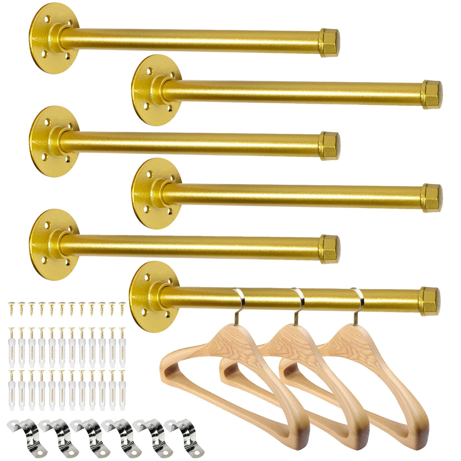 Pintuson industrial pipe clothes bar with 12-inch wall mount in golden finish for stylish clothing display.