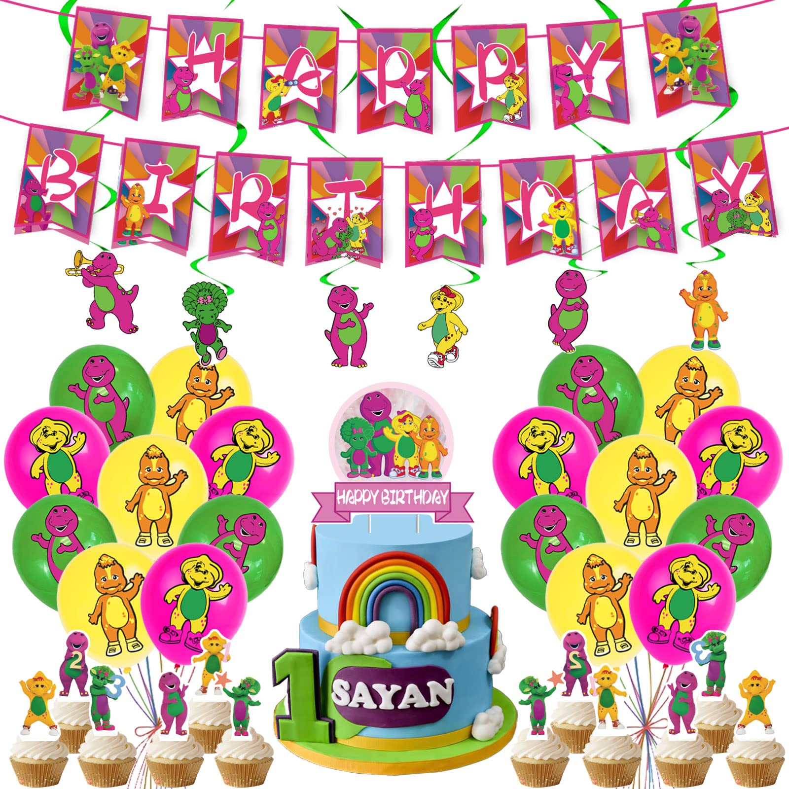 PINUO Barney Happy Birthday banner brightens the party backdrop with kid-friendly colors