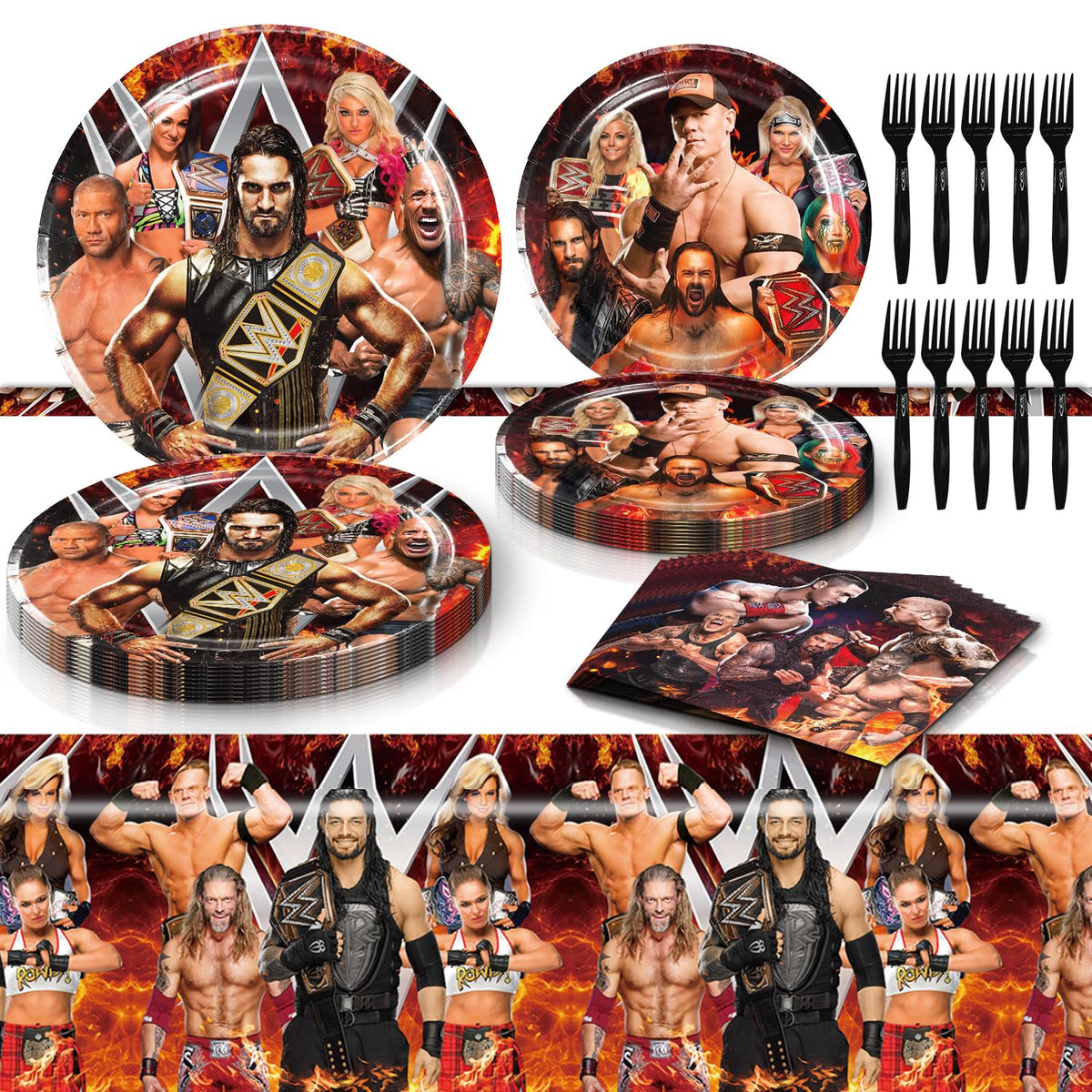 PINUO wrestling table cover with bold graphics for a festive setup.