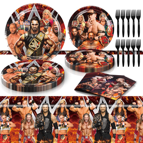 PINUO wrestling table cover with bold graphics for a festive setup.