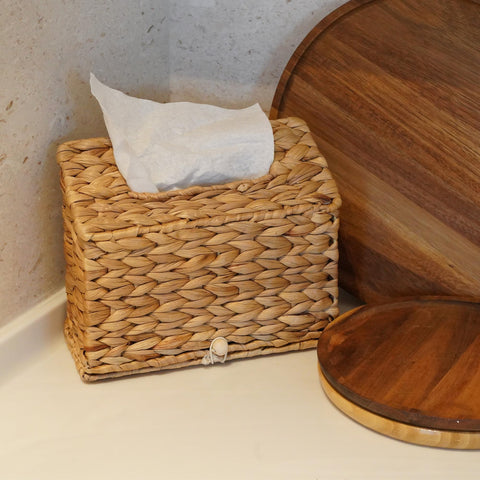 PINXIURY tissue box cover on Kleenex box demonstrates secure fit and easy access