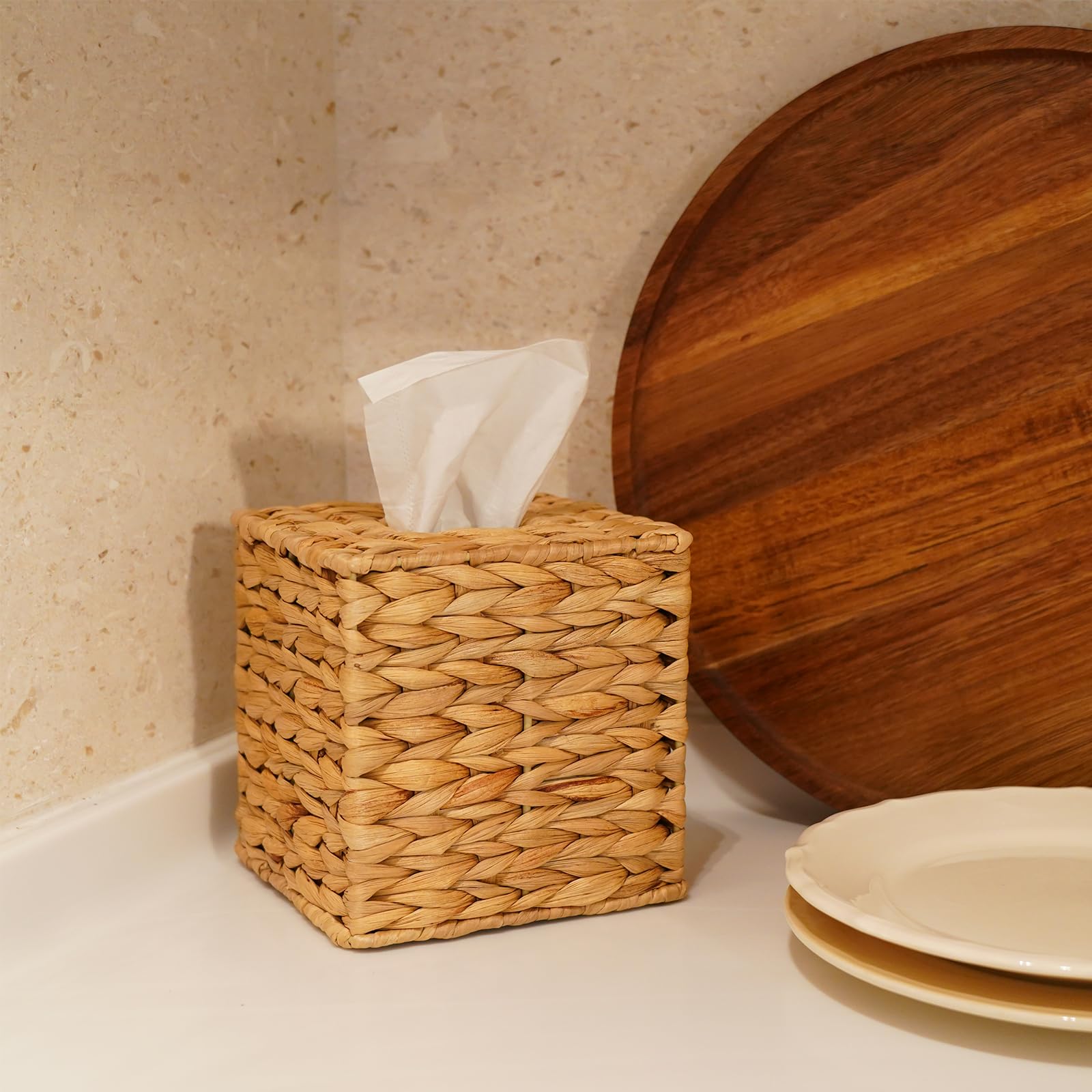PINXIURY Water Hyacinth tissue box cover on kitchen counter blends with natural decor