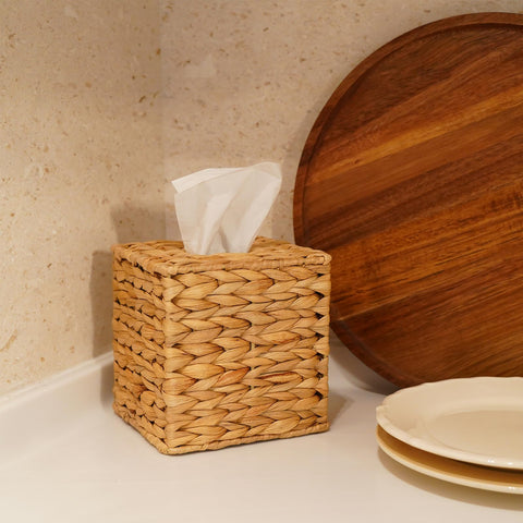 PINXIURY Water Hyacinth tissue box cover on kitchen counter blends with natural decor