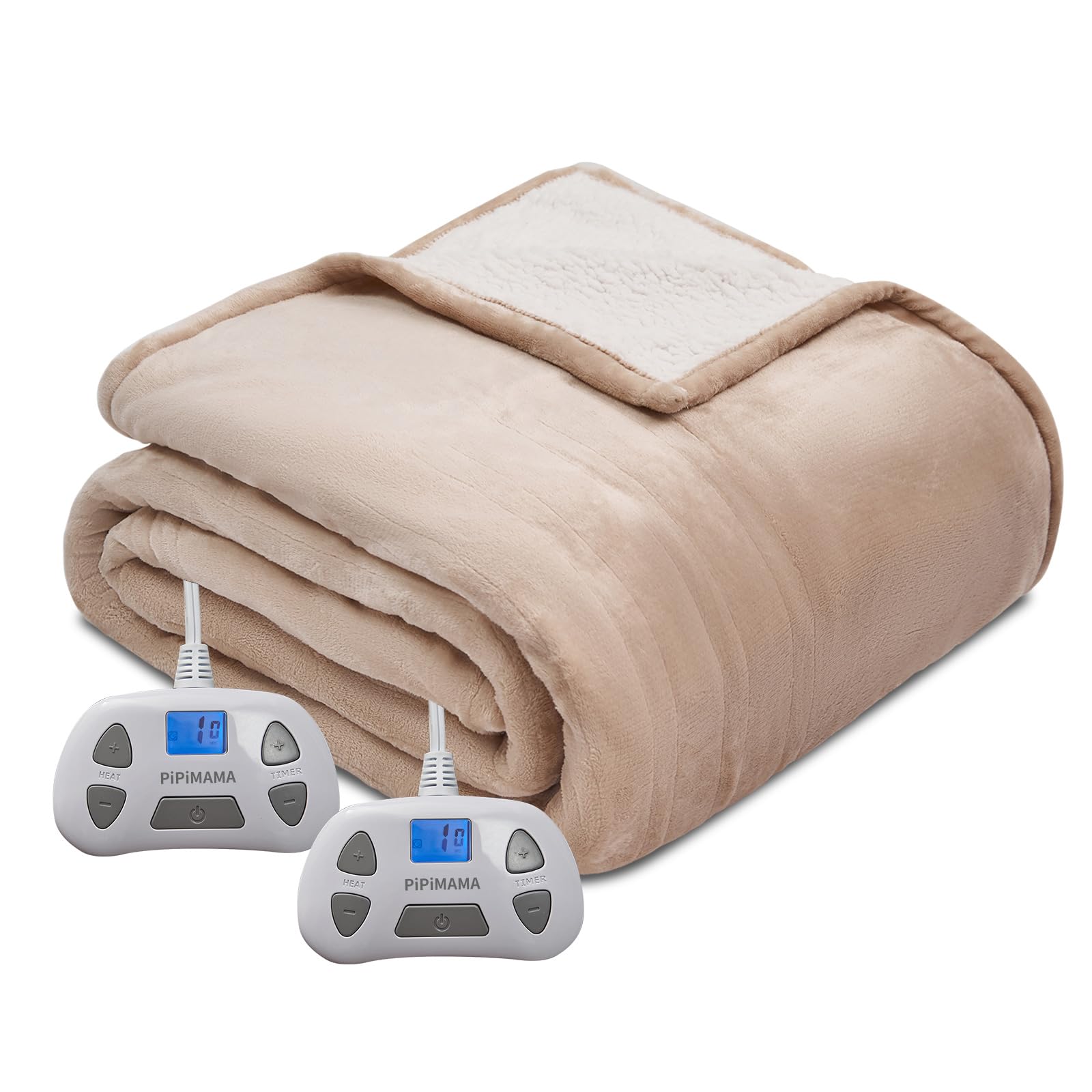 PiPiMAMA electric blanket on a bed with soft flannel-sherpa warmth.
