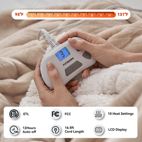 PiPiMAMA queen-size electric blanket with dual-control for personalized warmth.
