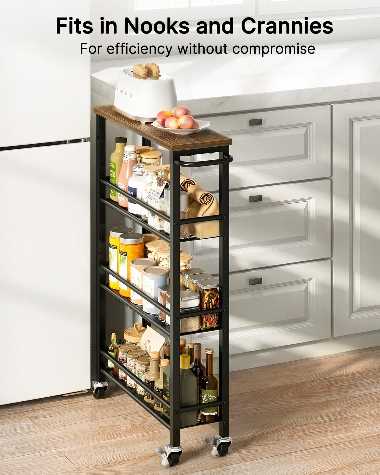 Pipishell 4-tier rolling cart side view demonstrates compact, mobile design for any room.
