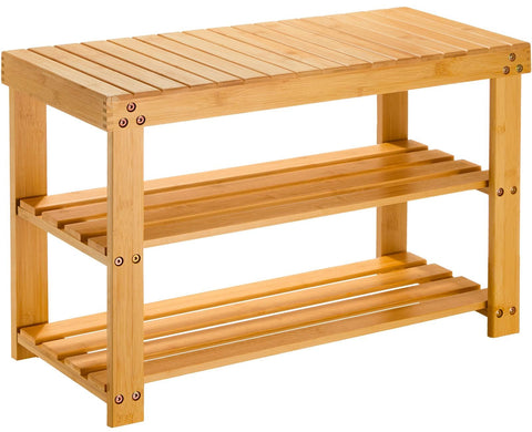 Pipishell bamboo shoe rack bench assembly shown in a tidy entryway.