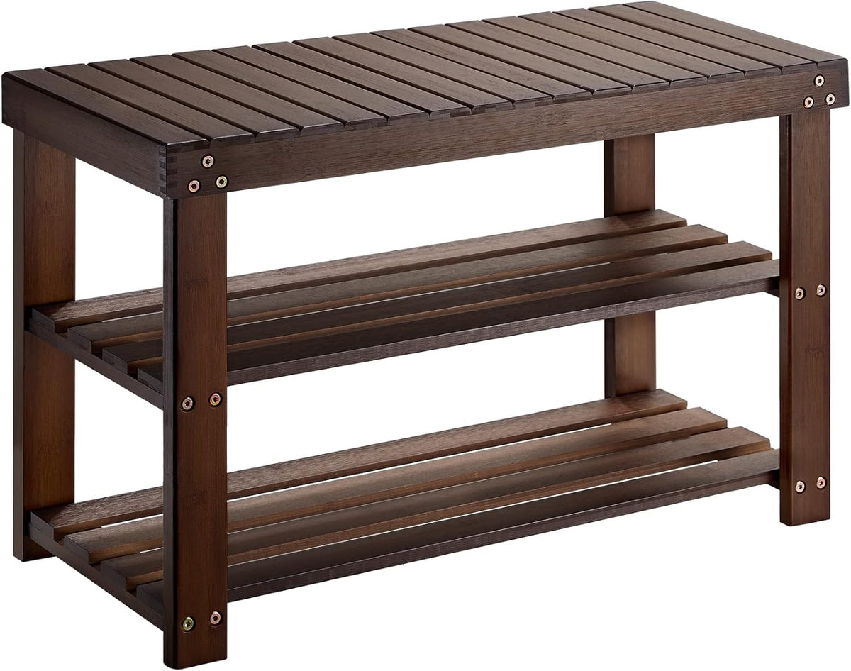 Pipishell bamboo shoe rack bench front view shows sturdy 300-lb capacity in a modern entryway.