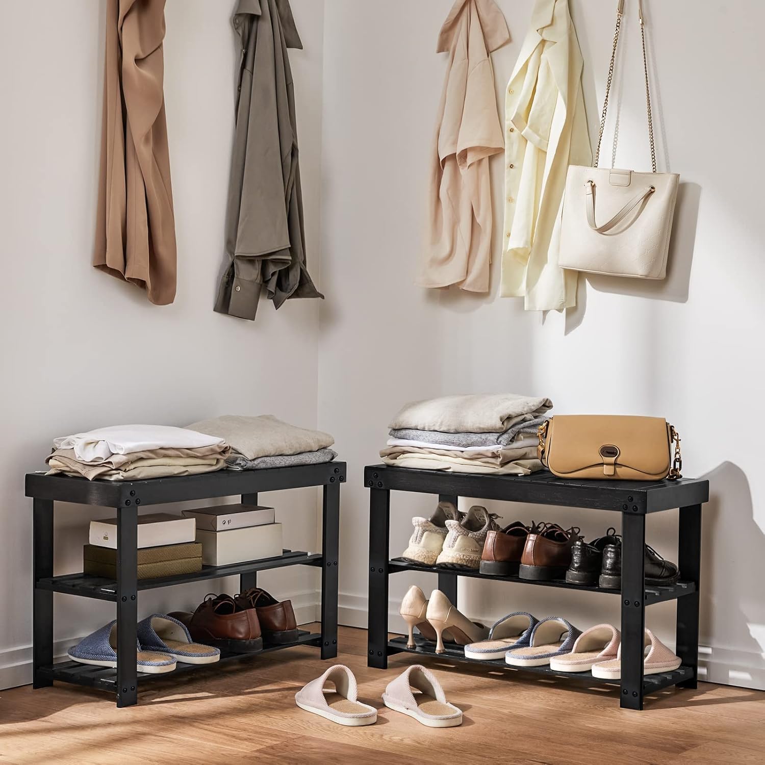 Pipishell Bamboo Shoe Rack Bench front view shows sturdy, compact seating for quick use in narrow spaces.