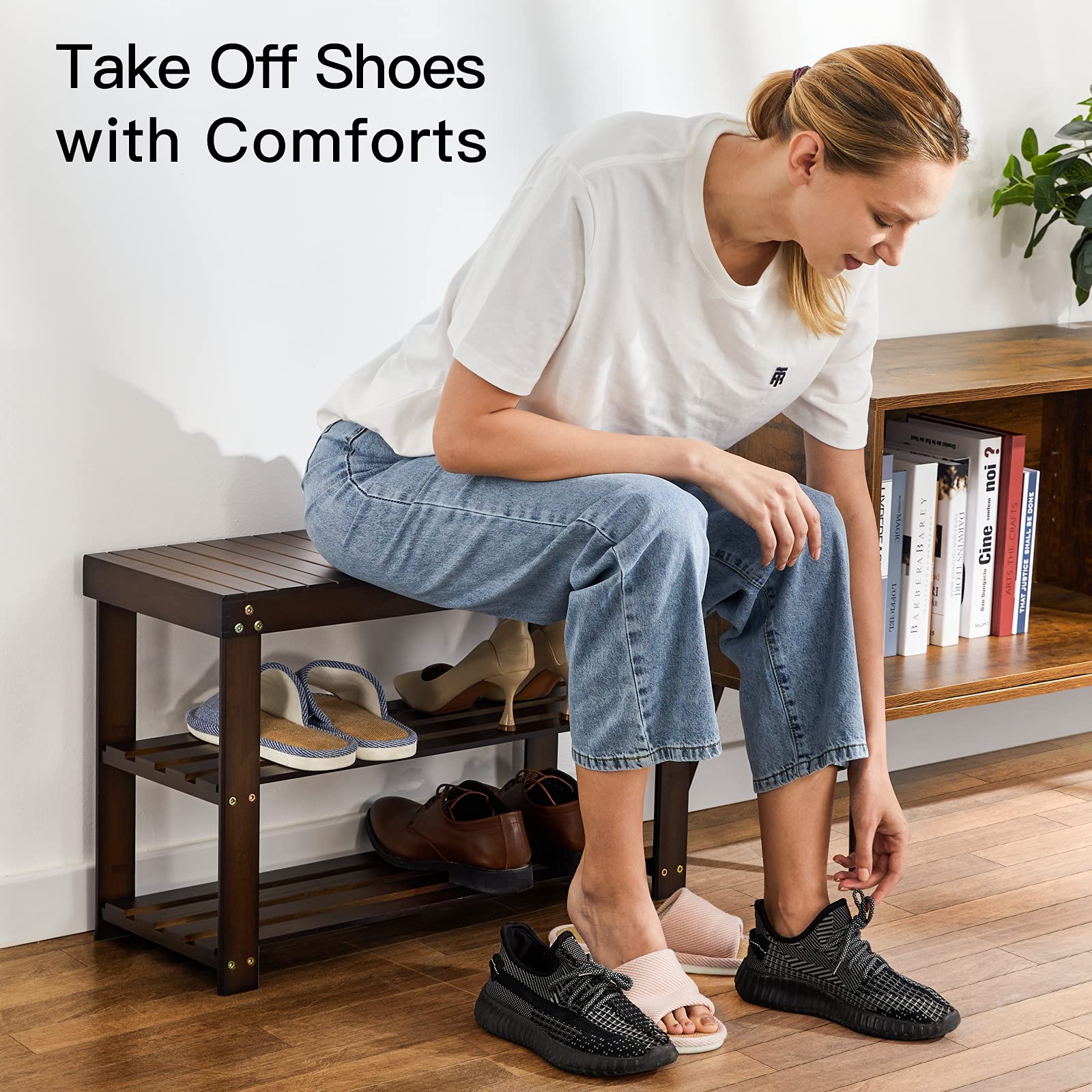 Pipishell bamboo shoe rack bench holds shoes neatly across three levels.