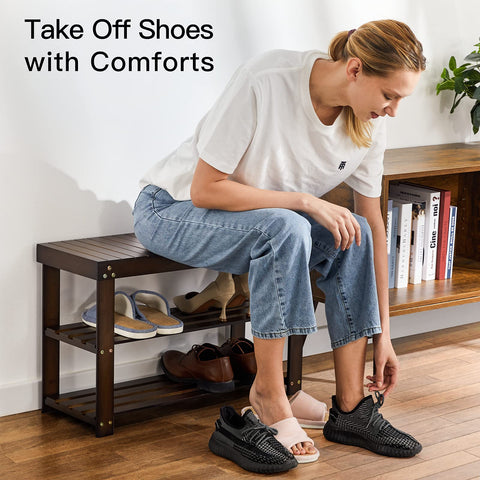 Pipishell bamboo shoe rack bench holds shoes neatly across three levels.