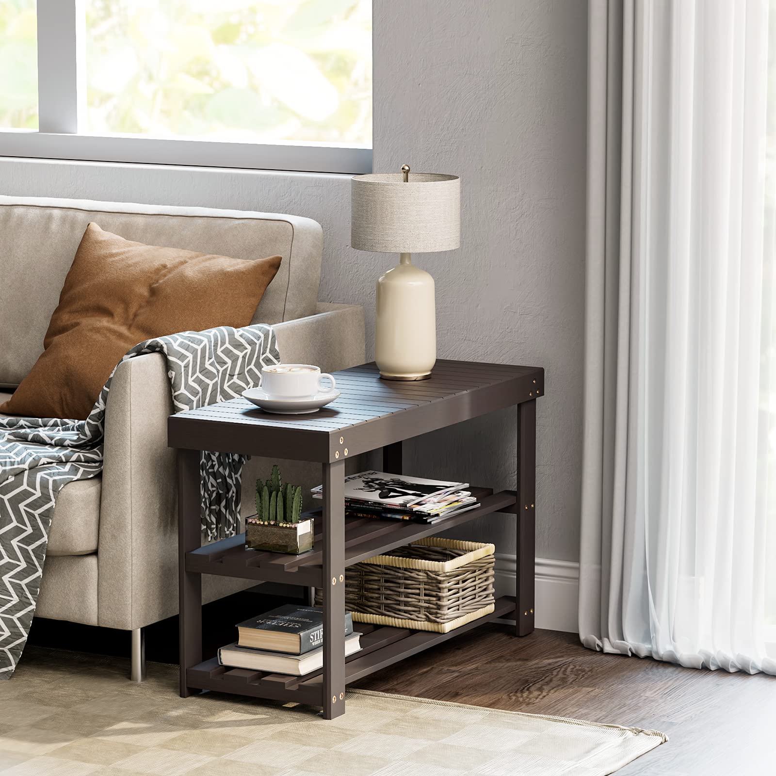 Pipishell bamboo shoe rack bench acts as a comfortable seating option.