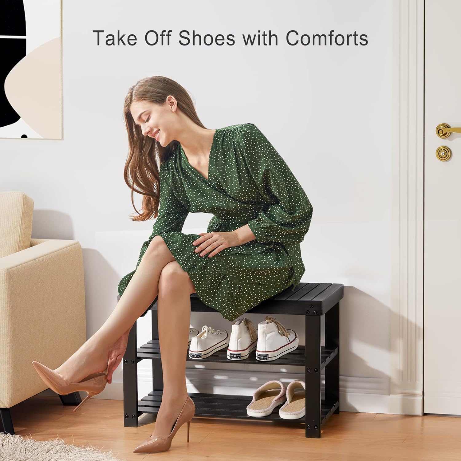 Pipishell Bamboo Shoe Rack Bench seating demonstrates a practical, space-saving solution for everyday footwear tasks.