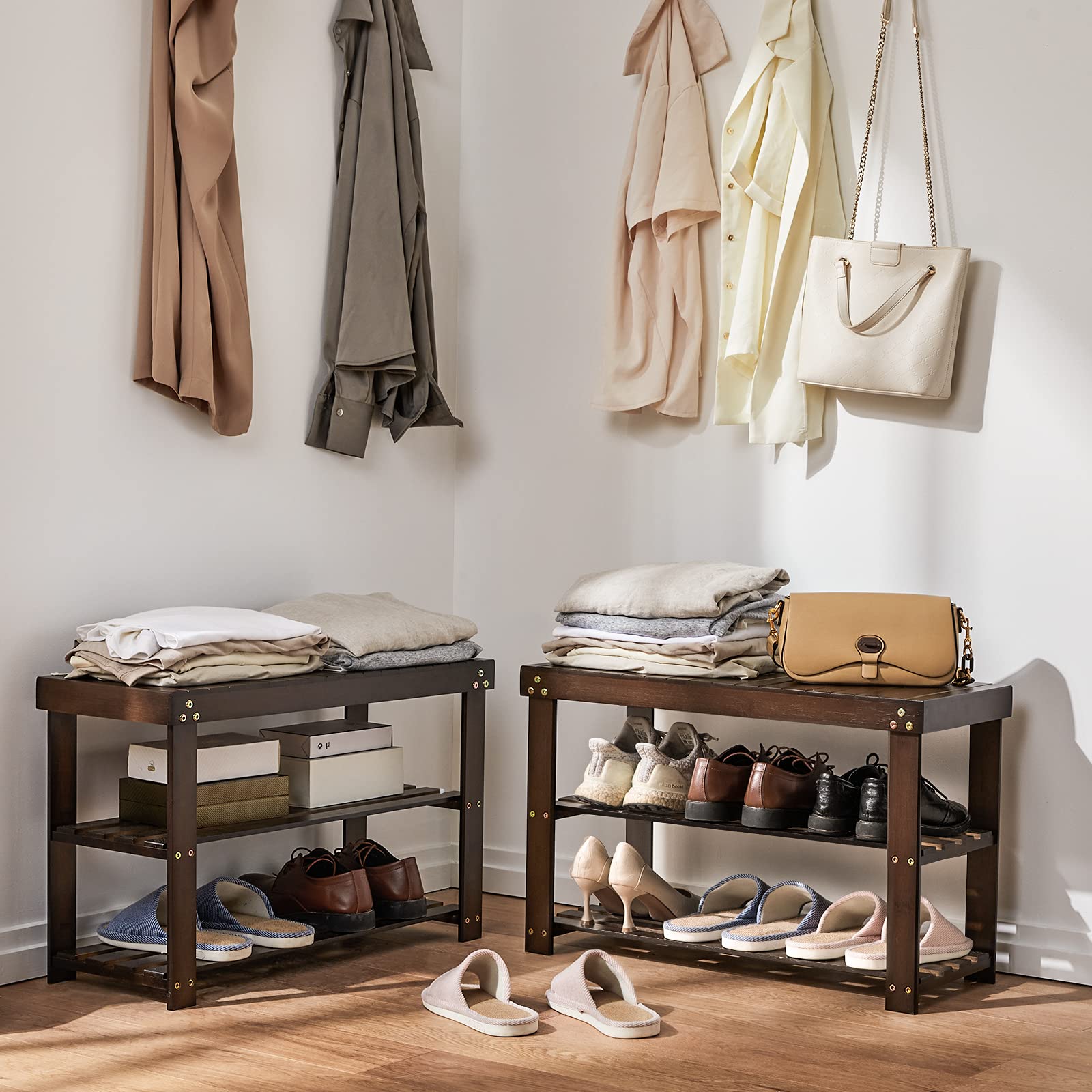 Pipishell bamboo shoe rack bench side view demonstrates slim profile for compact spaces.