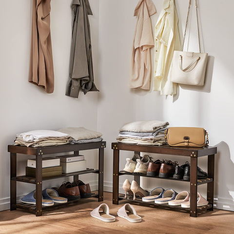 Pipishell bamboo shoe rack bench side view demonstrates slim profile for compact spaces.