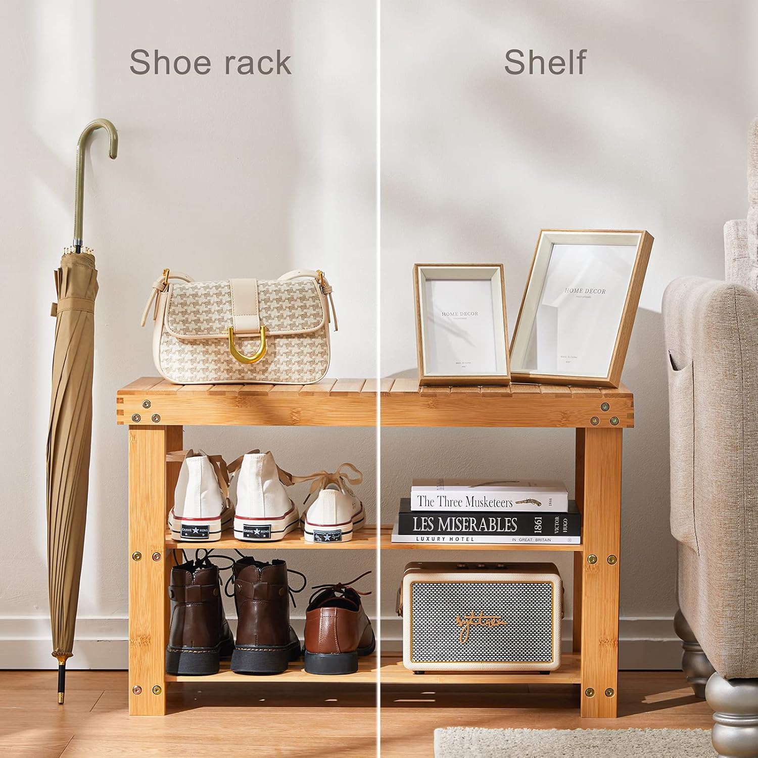 Pipishell bamboo shoe rack bench sturdy legs support load.