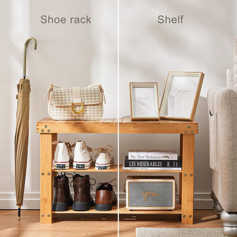 Pipishell bamboo shoe rack bench sturdy legs support load.