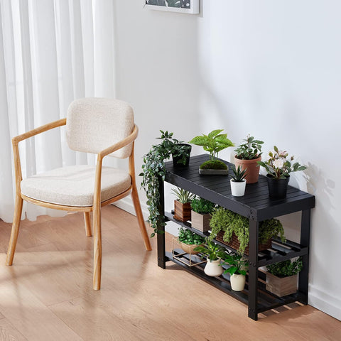 Pipishell Bamboo Shoe Rack Bench used as plant stand, bathroom rack, or sofa side shelf.