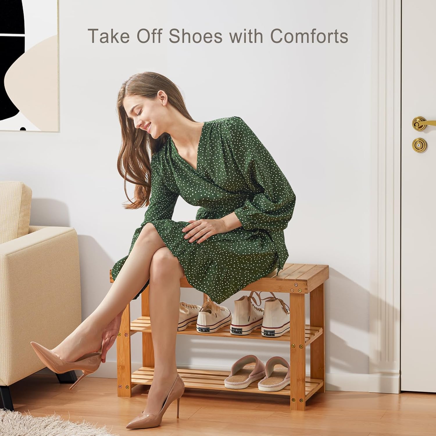 Pipishell bamboo shoe rack bench with shoes demonstrates space-saving design.