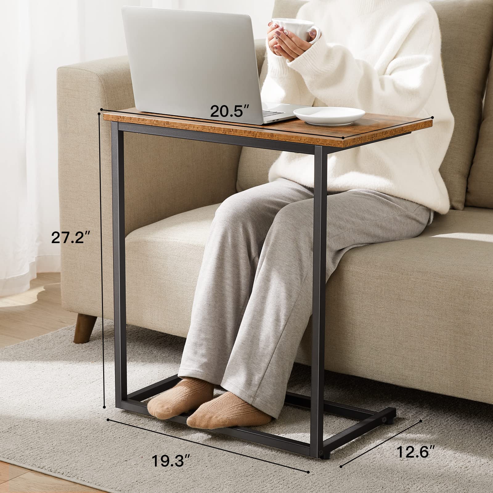 Pipishell C shaped end table used as TV tray or nightstand near seating