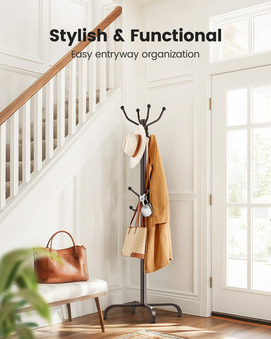 Pipishell coat rack side view highlights sturdy base and adjustable height for family use.
