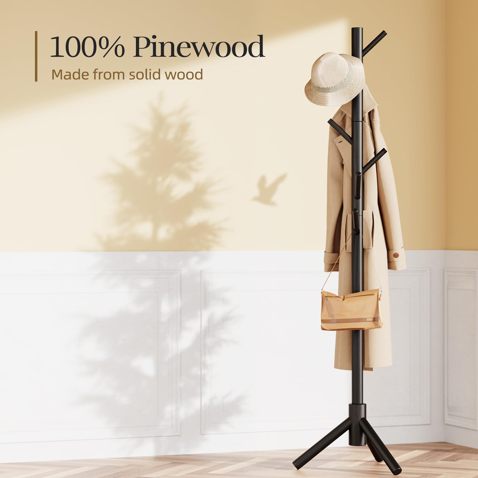 Pipishell coat stand sturdy-wood construction supports daily use.