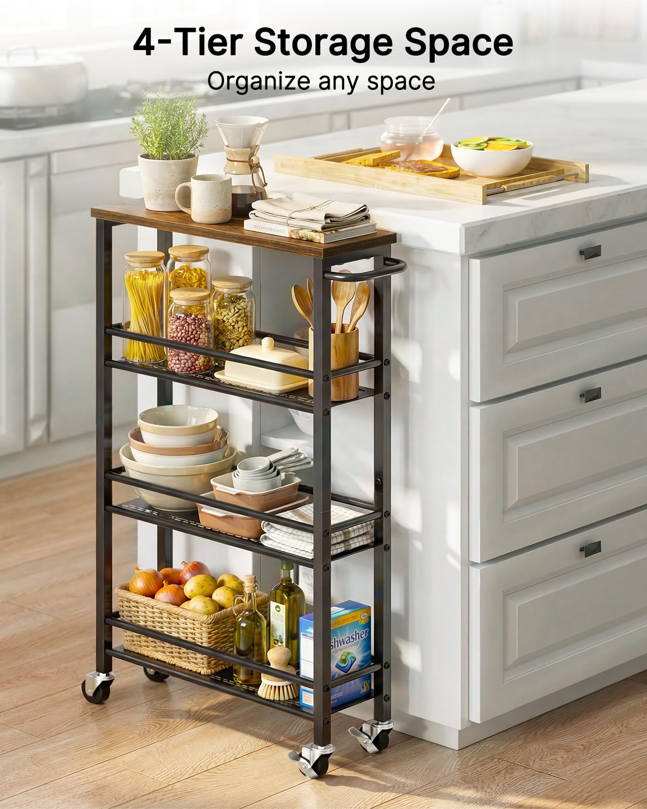 Pipishell narrow-space kitchen cart shown in action beside fridge and cabinets.