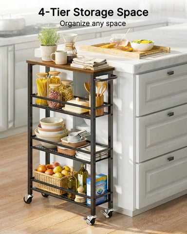Pipishell narrow-space kitchen cart shown in action beside fridge and cabinets.