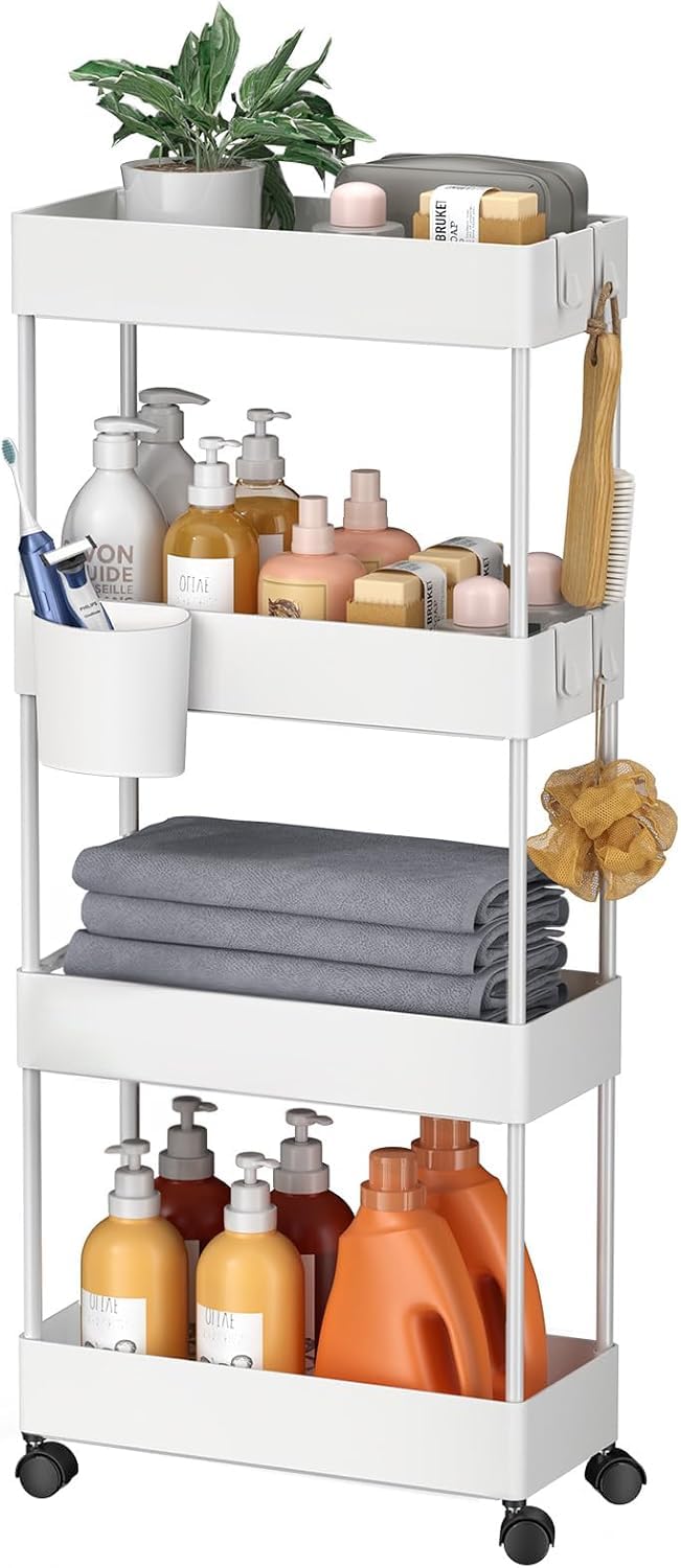 Pipishell slim 4-tier white cart with four caster wheels for easy mobility.