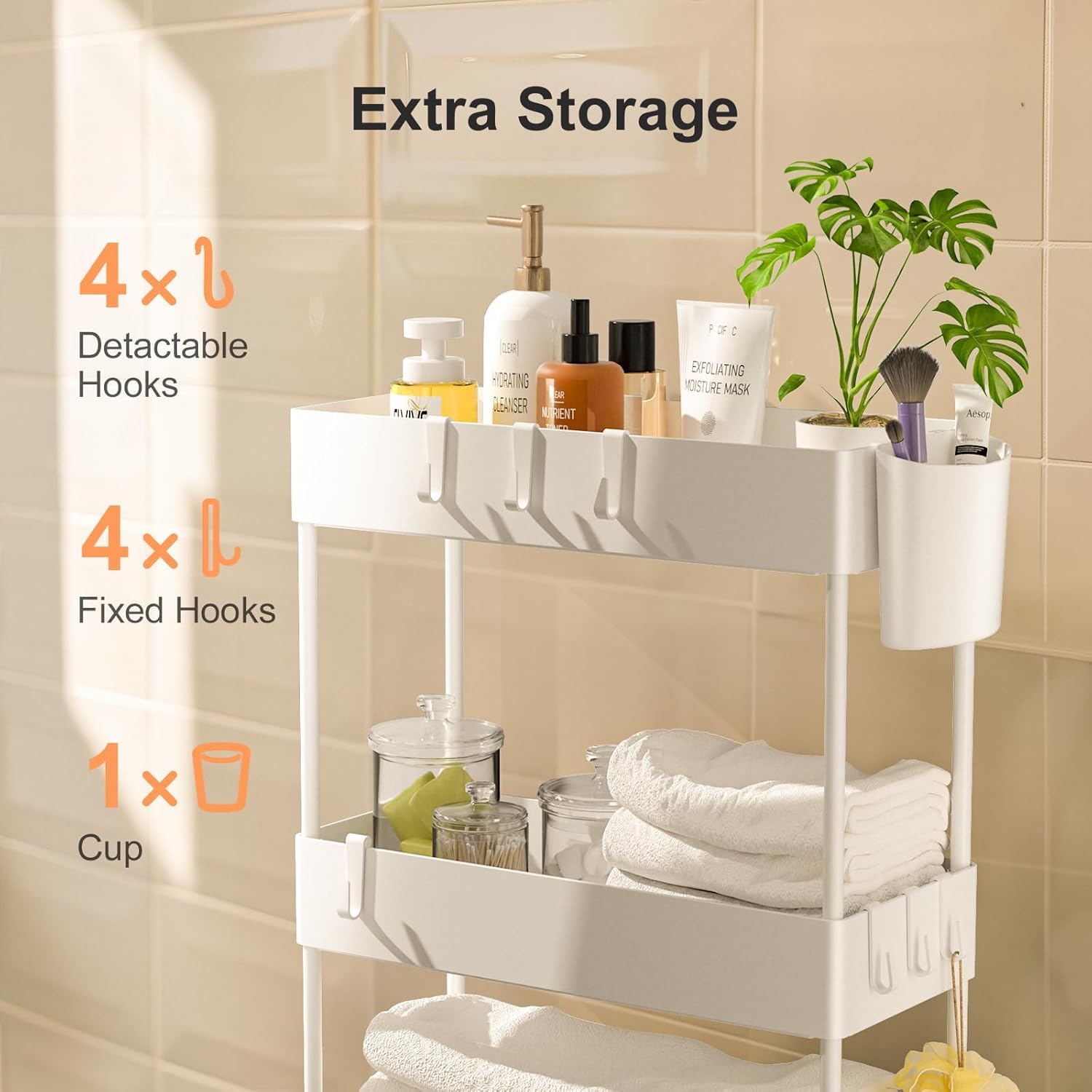 Pipishell cart includes eight hooks for extra organization in compact areas.