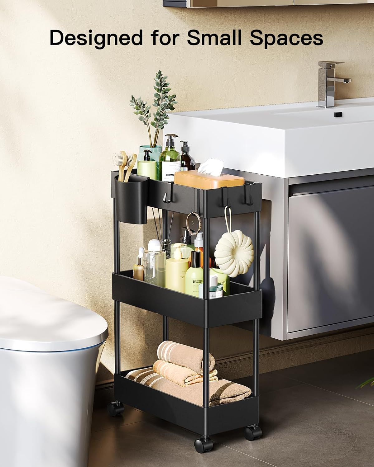 Pipishell cart with bathroom organization setup