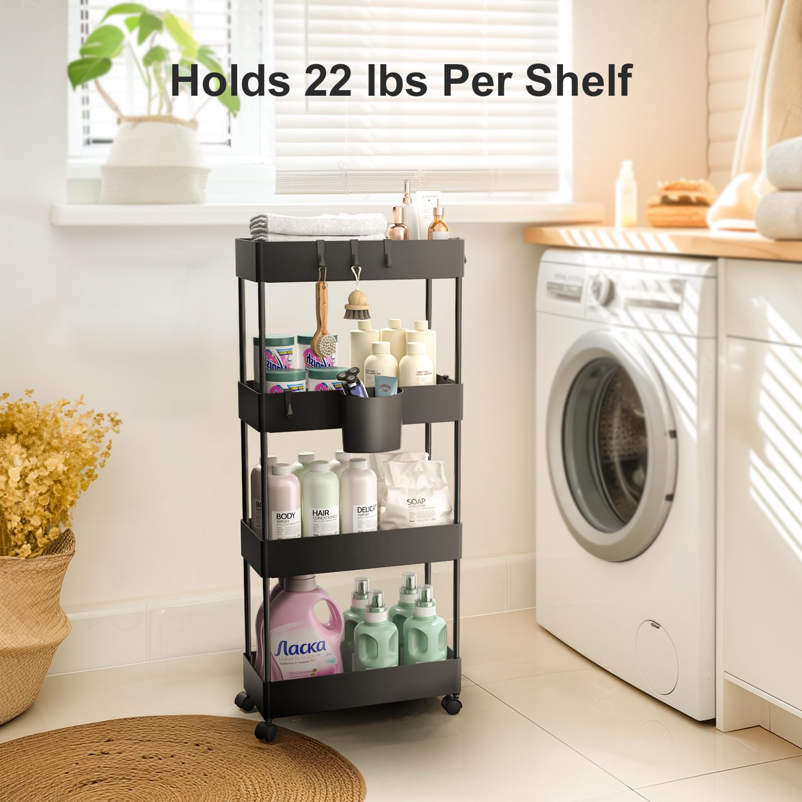 Pipishell slim storage cart with eight hooks for bathroom and kitchen use.