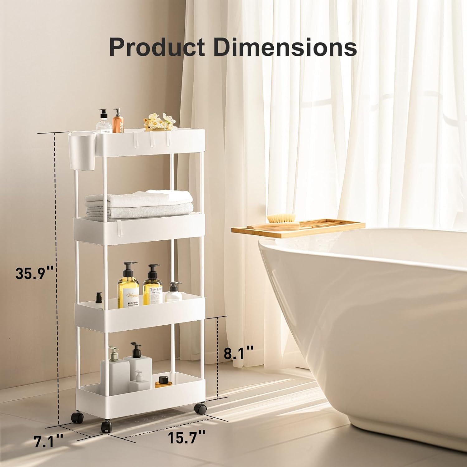 Pipishell slim cart fits tight spaces in bathrooms and kitchens with its narrow width.