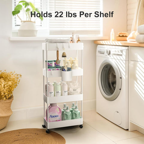 Pipishell cart shows a side cup for accessories and hooks for towels or brushes.