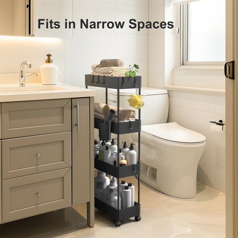 Pipishell slim storage cart side cup and eight hooks for organization.