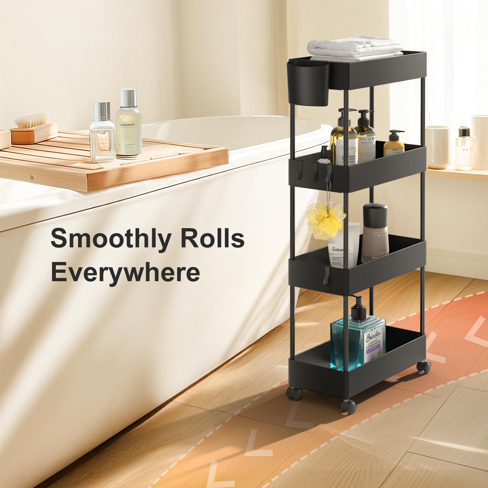 Pipishell slim storage cart rolling wheels enable easy mobility.
