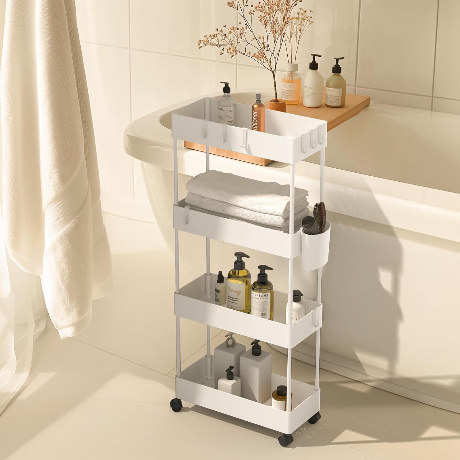 Pipishell white finish cart blends with decor and stays easy to clean.