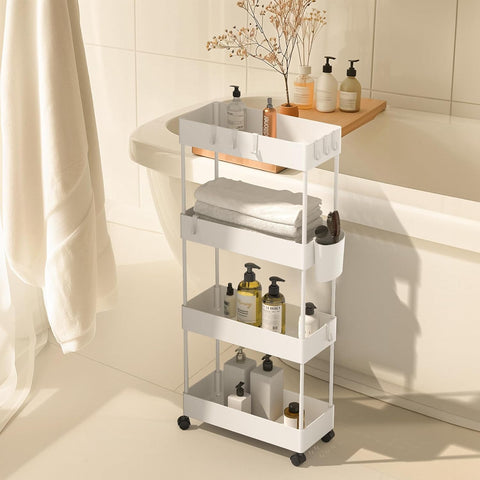 Pipishell white finish cart blends with decor and stays easy to clean.